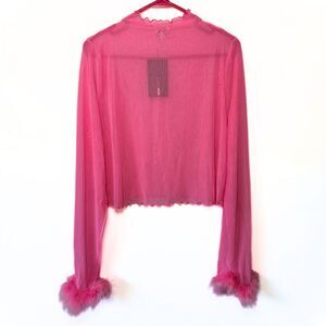 Fashion Nova Long Sleeve Mock Neck Mesh Top with Feather Trim - Pink - Size 3x